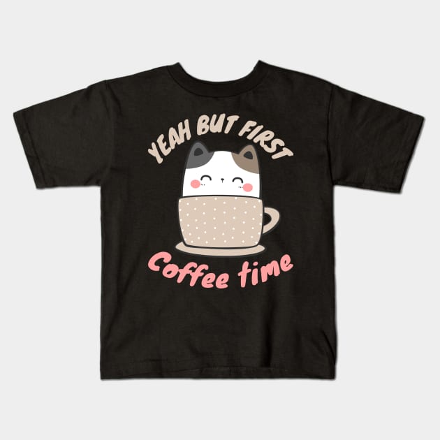 Cute Coffee Cat Kids T-Shirt by FullOnNostalgia